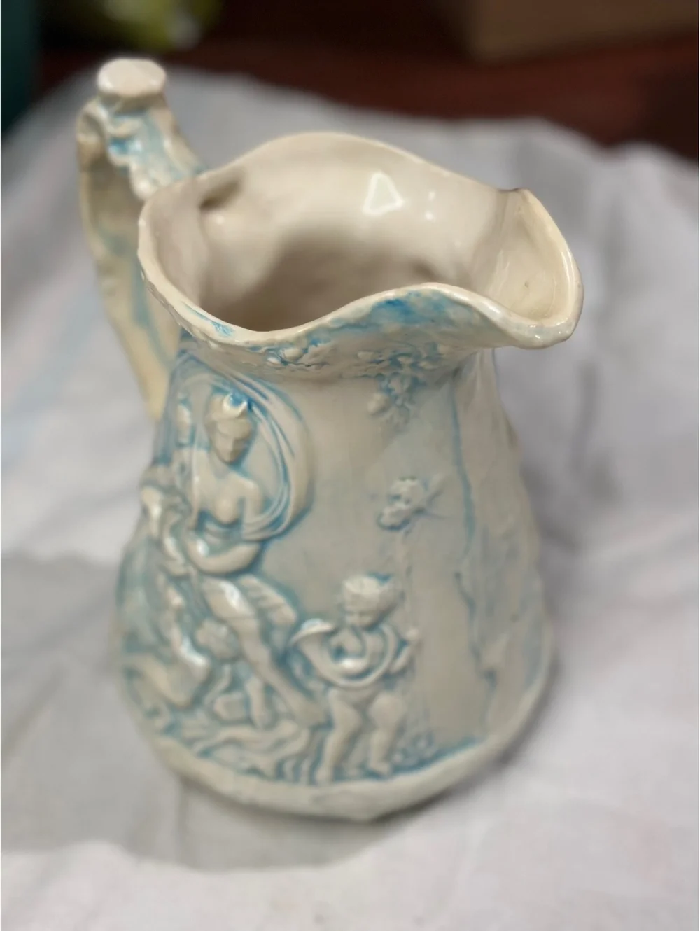 Vintage Ceramic Pitcher with Raised Relief Design